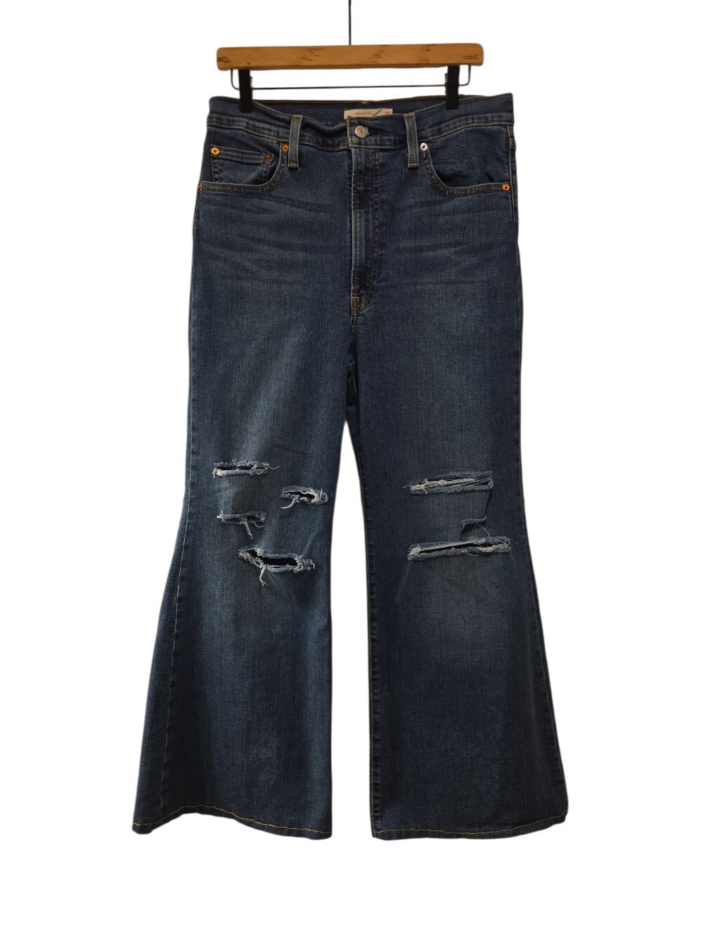 Levi's, Ribcage Bell Bottom Jeans, Distessed, Dark W/ White Wash, Women's Sz 32,
